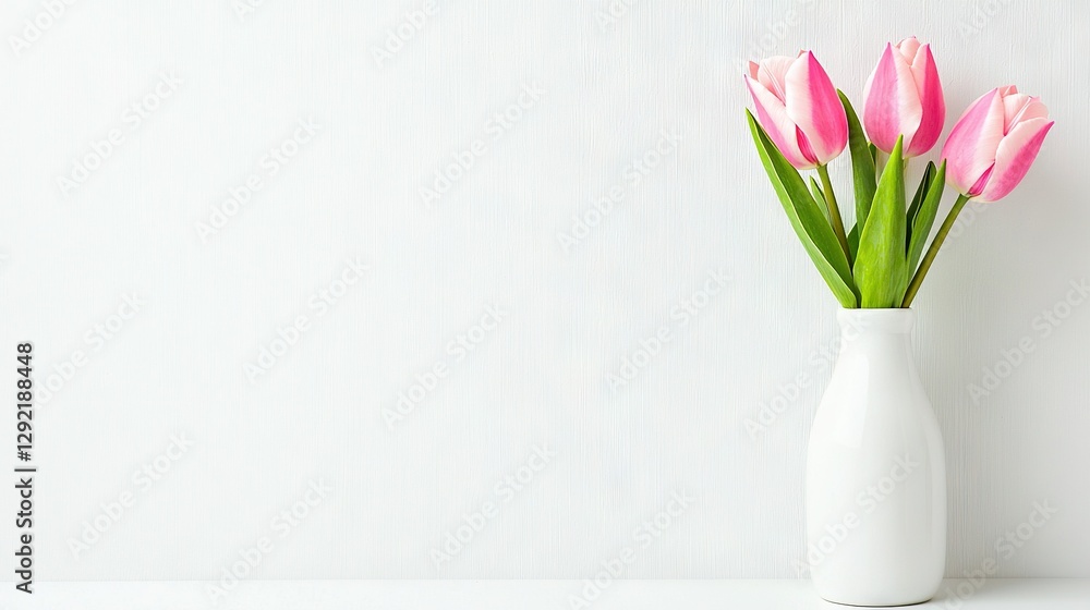 Obraz premium A white vase filled with pink tulips on a white table against a white wall