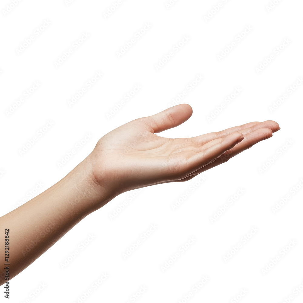 Open hand extended towards the viewer against a clean white background conveying invitation and openness, Extended hand isolated on white background Open hand extended towards the viewer against a clean white background conveying invitation and openness, Extended hand isolated on white background
