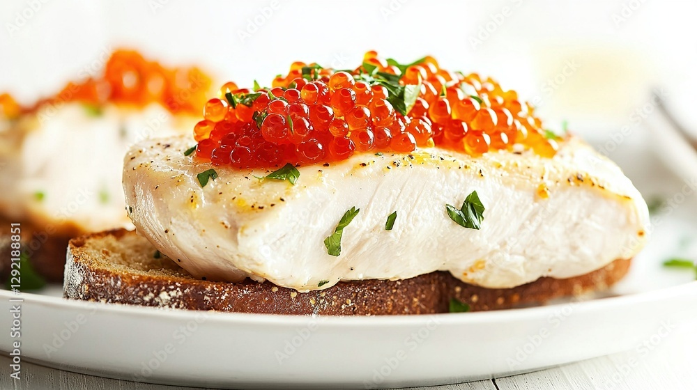 A white plate with a slice of bread smothered in creamy cauliflower puree, sprinkled with vibrant red cauliflower flakes A white plate with a slice of bread smothered in creamy cauliflower puree, sprinkled with vibrant red cauliflower flakes