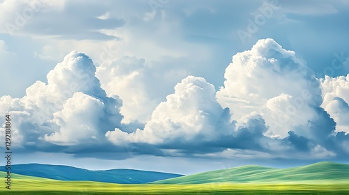   A cloud-filled sky above a verdant field with rolling hills in the foreground and an azure sky with cottony clouds in the backdrop