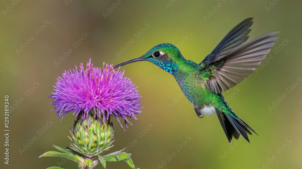 Fototapeta premium Vibrant hummingbird in mid-flight feeding on nectar from a purple thistle flower, delicate wings spread wide against a blurred green background, showcasing nature, pollination, and wildlife photograph