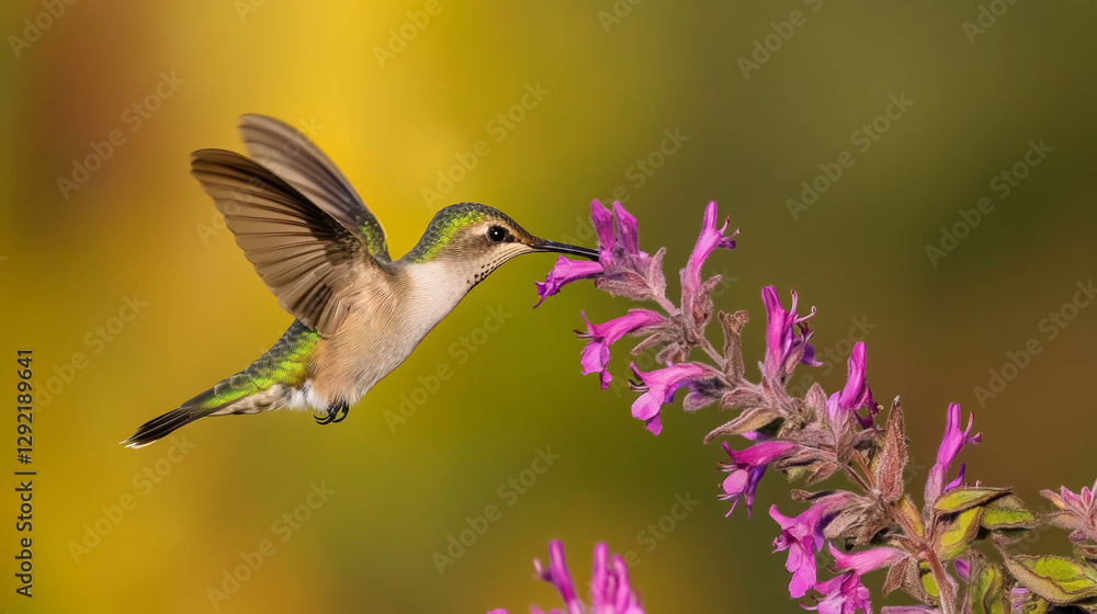 Fototapeta premium Vibrant hummingbird in mid-flight feeding on nectar from a purple thistle flower, delicate wings spread wide against a blurred green background, showcasing nature, pollination, and wildlife photograph