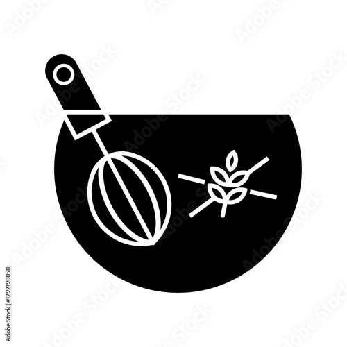 Glyph icon dough bowl and dough shaker mixer with gluten free label. Representation of healthy baking.