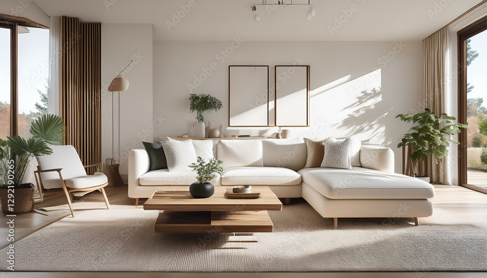 Fototapeta premium a living room with a dominant white color theme featuring elegant minimalist furniture design natural wood accents and a serene bright atmosphere