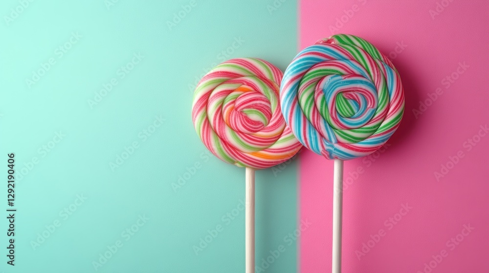 Colorful swirled lollipops with dual pastel backgrounds in aqua and pink Colorful swirled lollipops with dual pastel backgrounds in aqua and pink