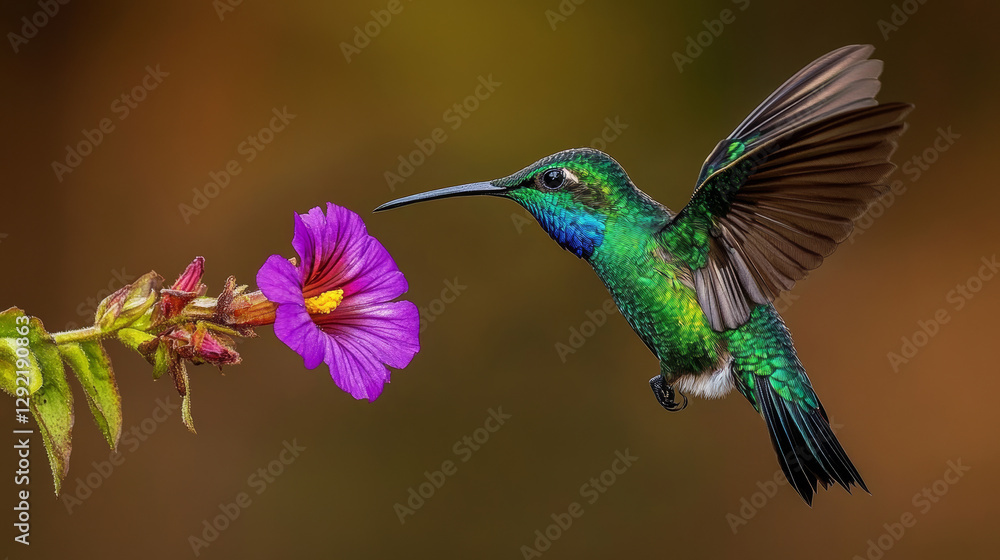 Obraz premium Vibrant hummingbird in mid-flight feeding on nectar from a purple thistle flower, delicate wings spread wide against a blurred green background, showcasing nature, pollination, and wildlife photograph