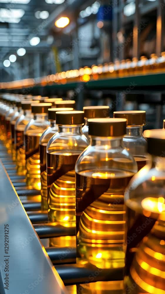 Bottled vegetable oil on conveyor automated machine being produced in food production plant Bottled vegetable oil on conveyor automated machine being produced in food production plant