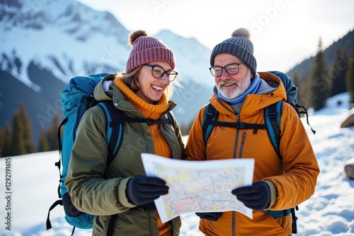 Senior Couple Enjoying a Winter Hike in Snowy Mountains While Consulting a Map for Directions on Their Adventure