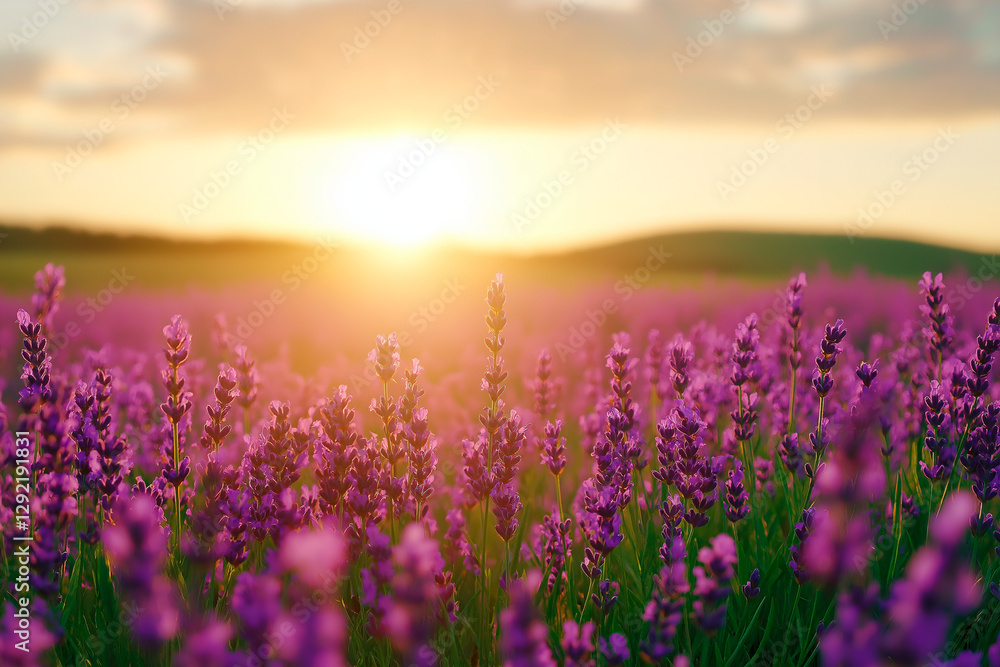 Fototapeta premium Lavender blossoms sway under the golden glow of sunset. The peaceful landscape and rich colors capture the beauty of nature and the magic of summer evenings.