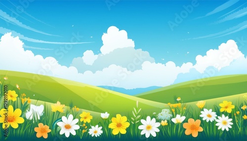 spring flowers in the field beautiful spring landscape with beautiful spring flowers green lush grass and blue sky with clouds  illustration for poster banner card print or design