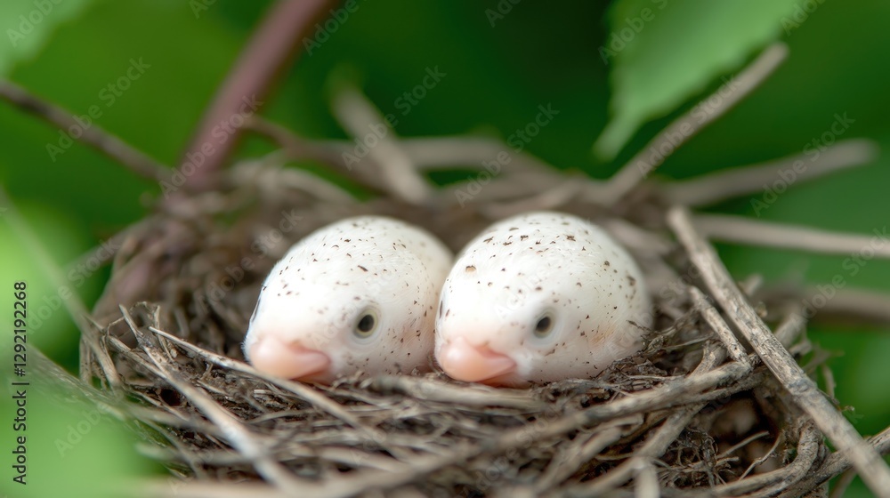 Obraz premium Two baby birds in nest, green leaves background, spring nature scene, wildlife photography