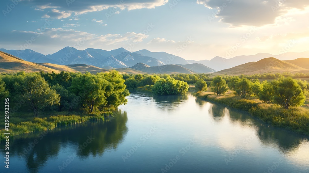 Fototapeta premium Clear lake with snowy peaks and lush forest high resolution picture