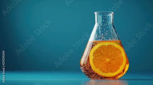 Orange slice in beaker with carbonated water on blue background