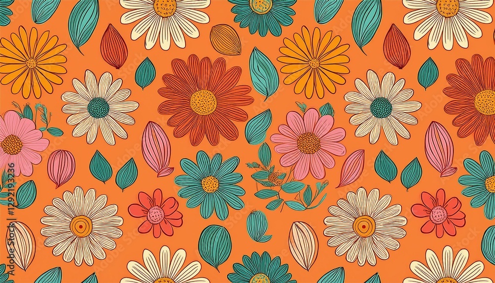 seamless pattern of bold naive colourful flowers and leaves in retro groovy style daisy flowers in vivid colours on orange background seamless pattern of bold naive colourful flowers and leaves in retro groovy style daisy flowers in vivid colours on orange background