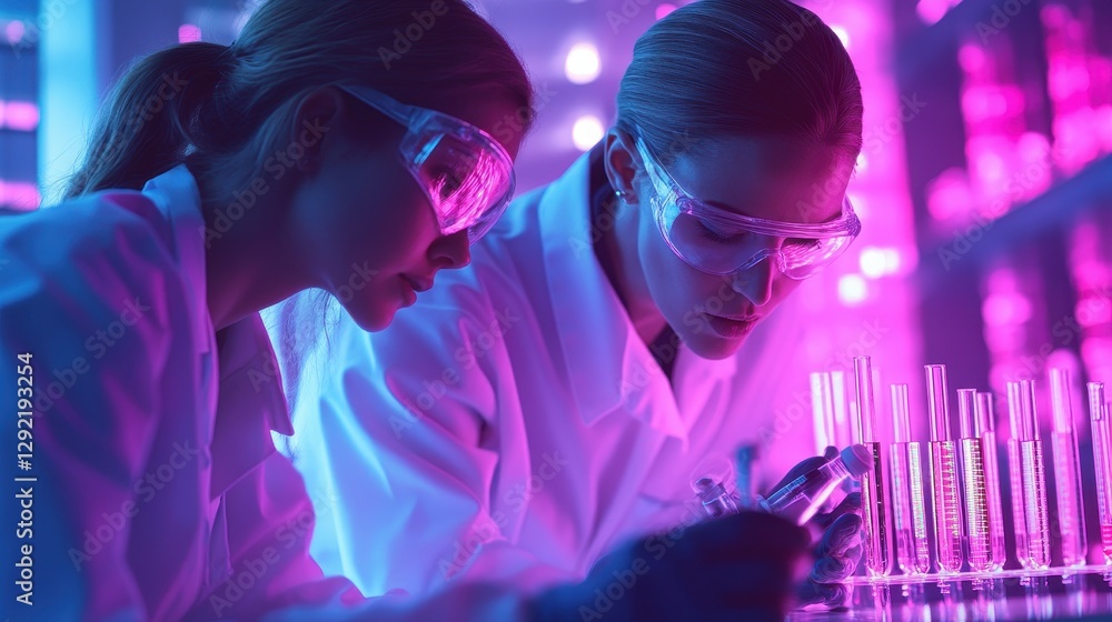 Female scientists analyzing test tubes in vibrant laboratory setting Female scientists analyzing test tubes in vibrant laboratory setting