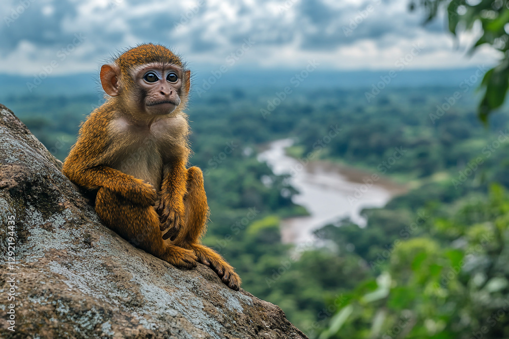 Naklejka premium Pensive primate perched high, overlooking the lush expanse of jungle terrain