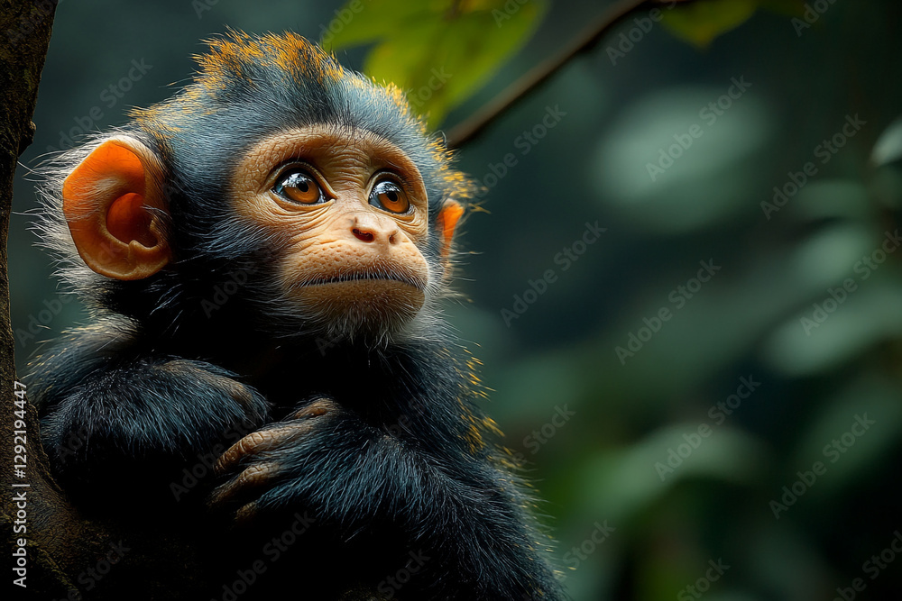 Fototapeta premium Introspective primate gaze capturing infant monkey's contemplative moment
