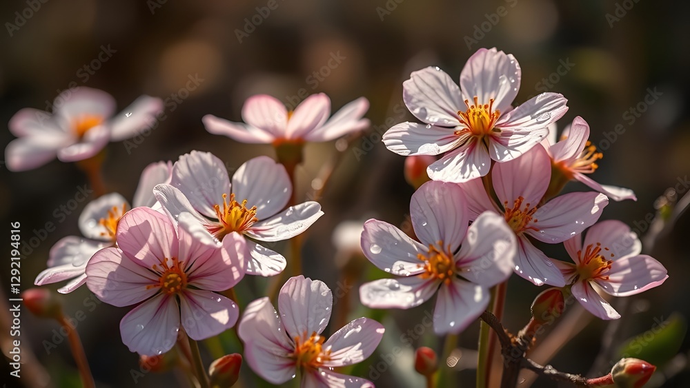 Fototapeta premium Dew-Kissed Blooms Hyper-Realistic Spring Morning Scene with Subtle Shadows and Muted Earth Tones