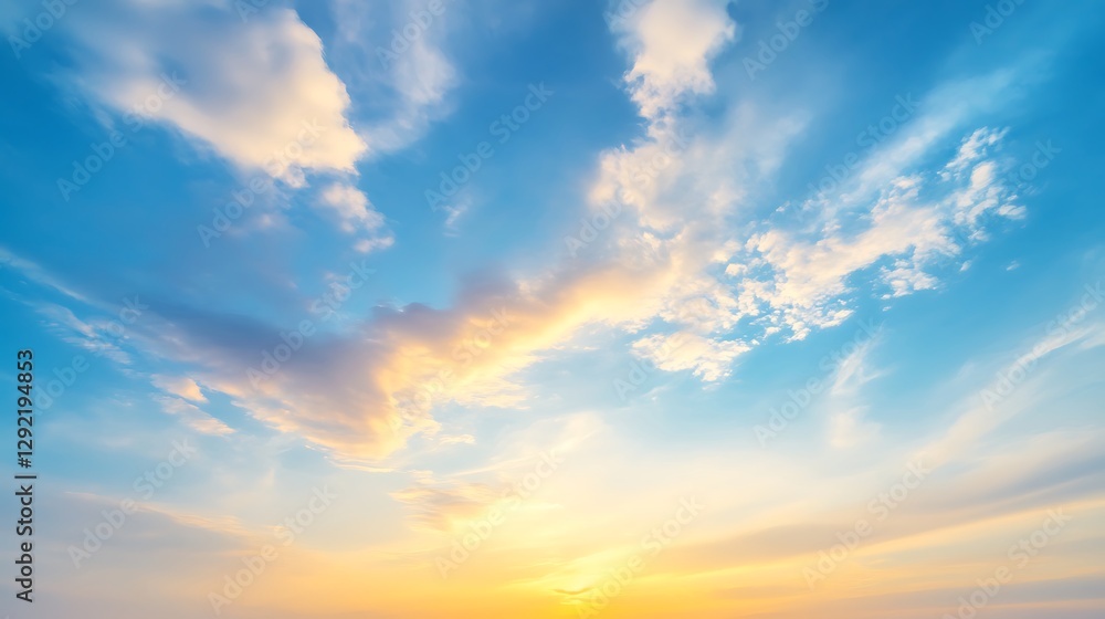 Fototapeta premium Dreamy sunset with pastel clouds in tranquil sky high resolution picture