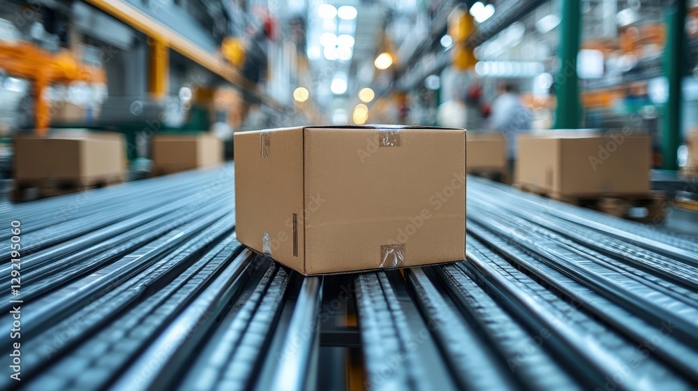 A cardboard box moving along a conveyor belt in a busy warehouse with workers in the background A cardboard box moving along a conveyor belt in a busy warehouse with workers in the background