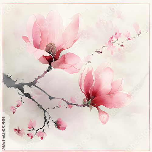 Magnolia Chinese Flowers Ink Paint 