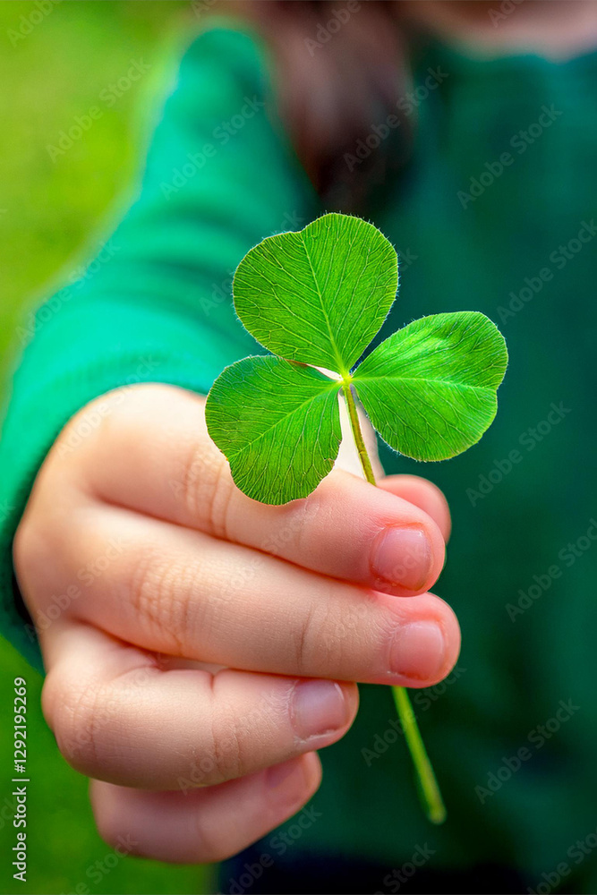 Child holds a shamrock. Shamrocks are associated with Ireland and St. Patrick's Day.