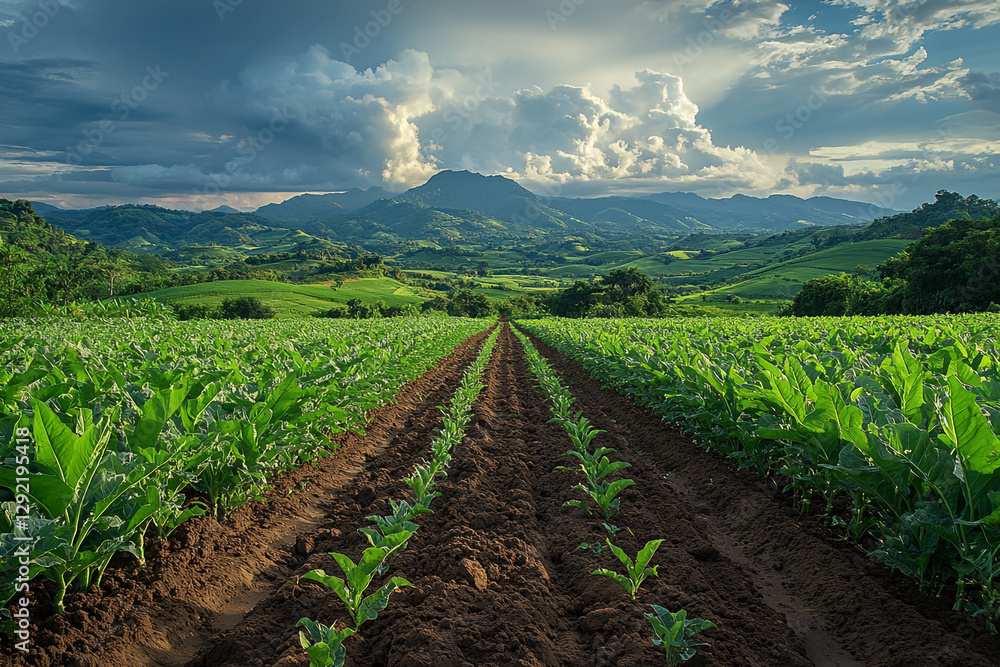 Fototapeta premium Verdant Valley, Cultivated Fields Stretch Towards Mountain Horizons