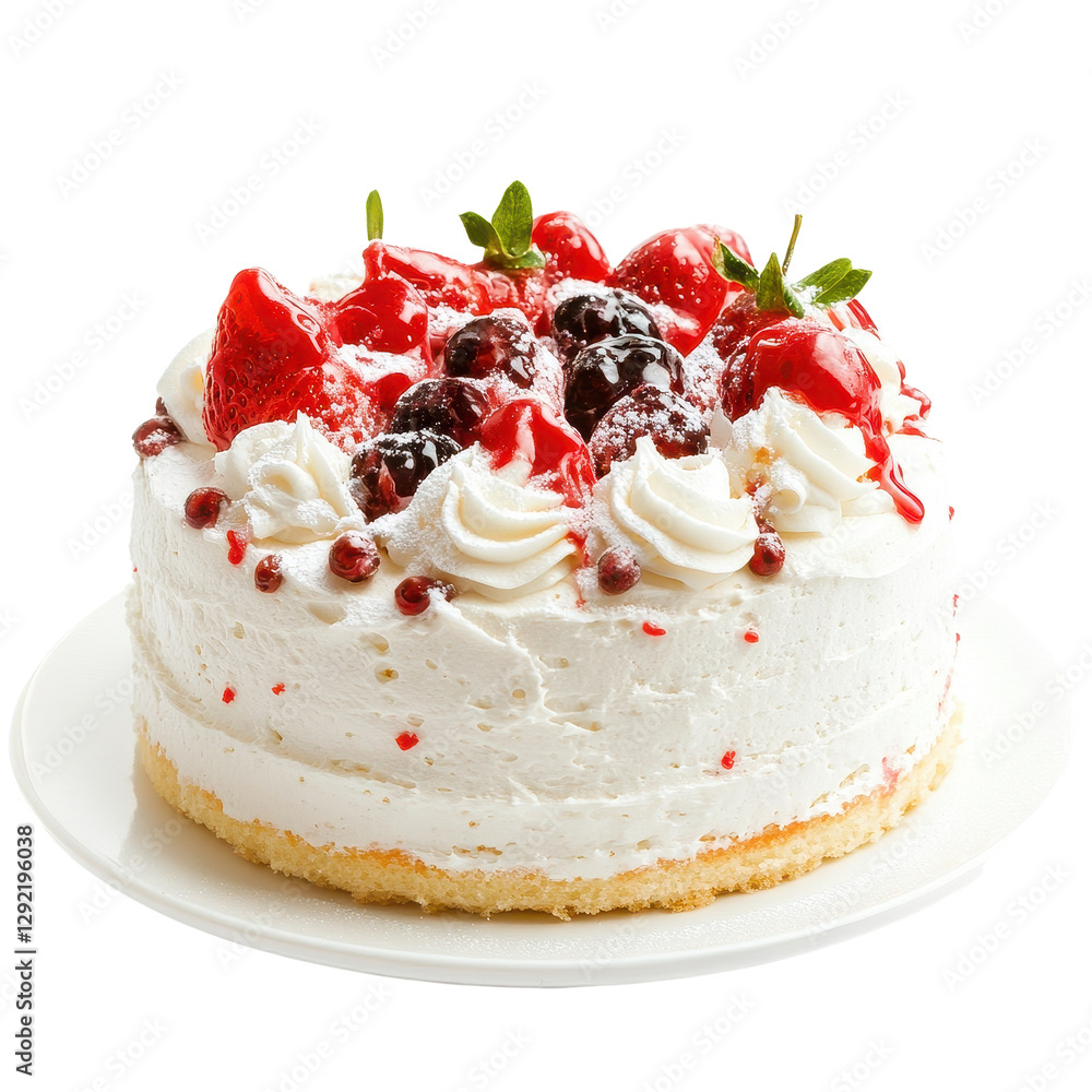 Delicious layered cake with fresh strawberries and berries on a white plate against a clean white background, cake. white background Delicious layered cake with fresh strawberries and berries on a white plate against a clean white background, cake. white background