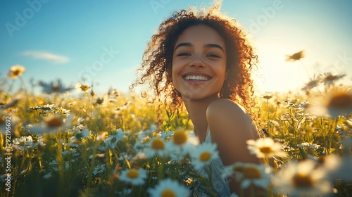 Happy woman in daisy field, sunset, summer