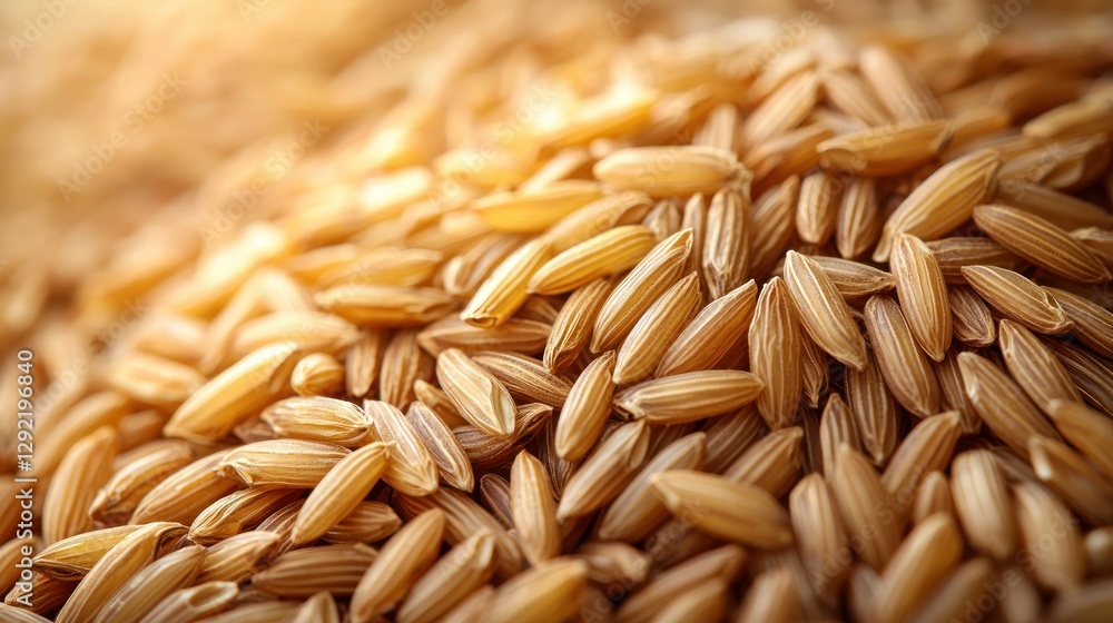 Fototapeta premium Close-up of uncooked brown rice grains, sunny highlights
