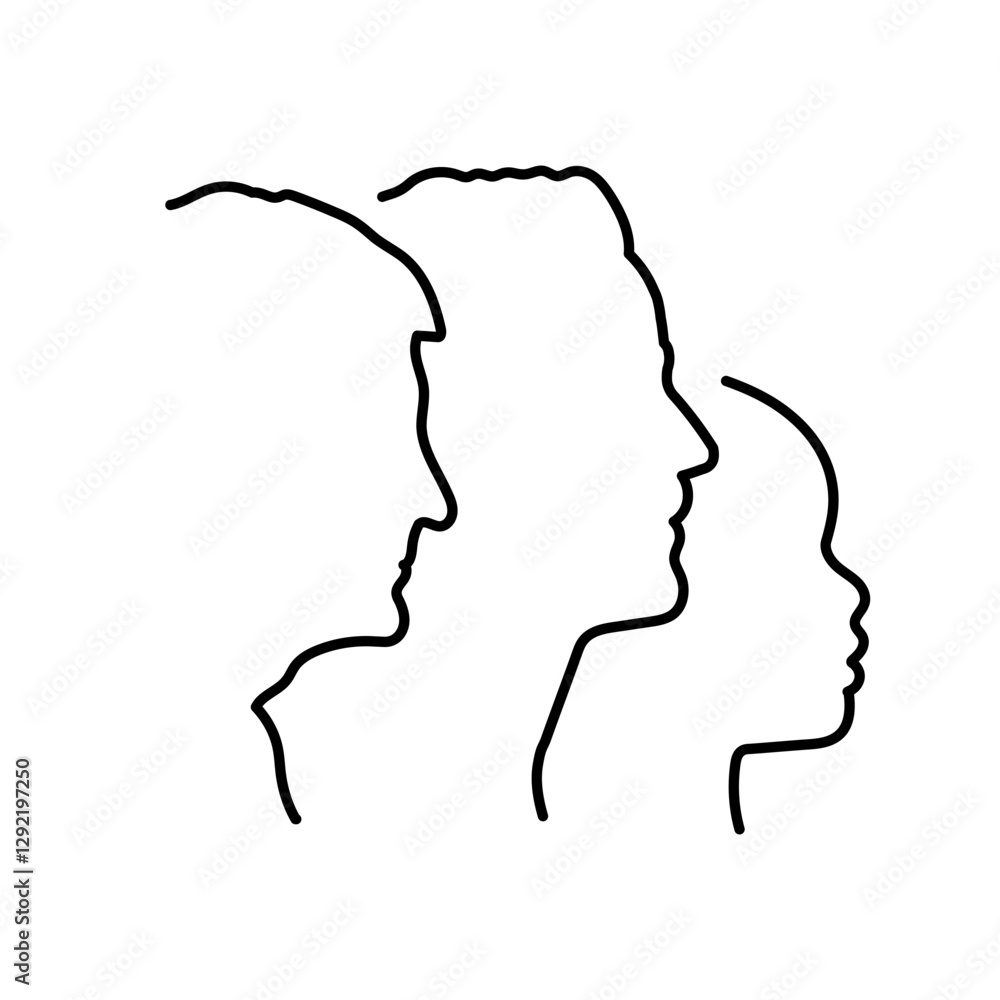 Outline illustration of grandfather, father and son profile linear portrait. Editable stroke Outline illustration of grandfather, father and son profile linear portrait. Editable stroke