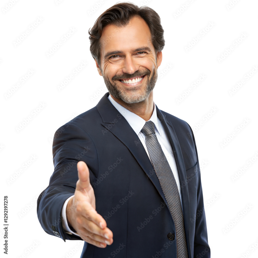 Businessman shaking hands with a friendly smile in professional manner, isolated on white or transparent background Businessman shaking hands with a friendly smile in professional manner, isolated on white or transparent background