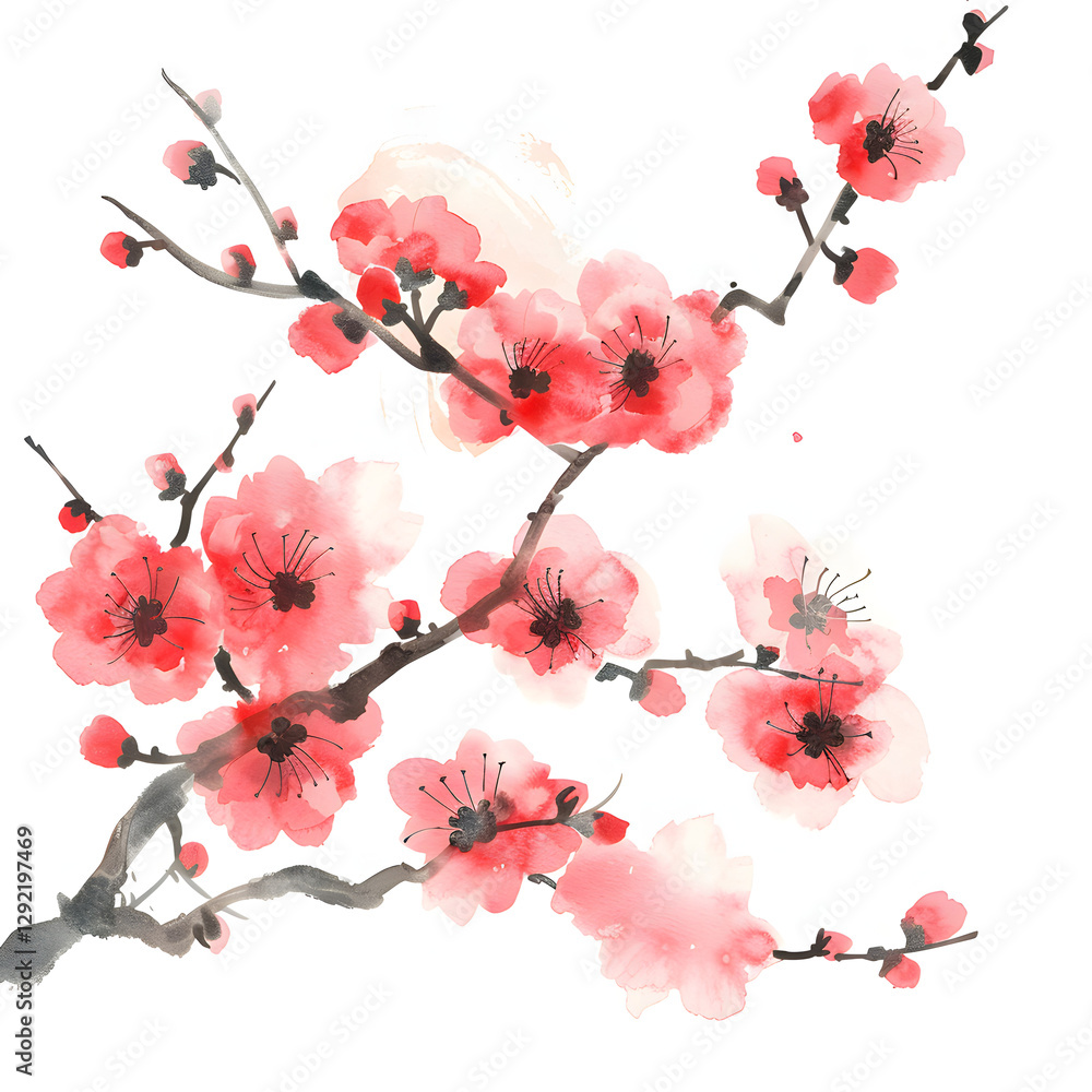 Naklejka premium Plum Blossom Chinese Flowers Ink Paint 