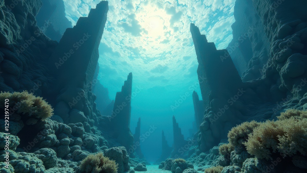 Fototapeta premium Sunlit underwater coral canyon showing bleaching and climate change effects 