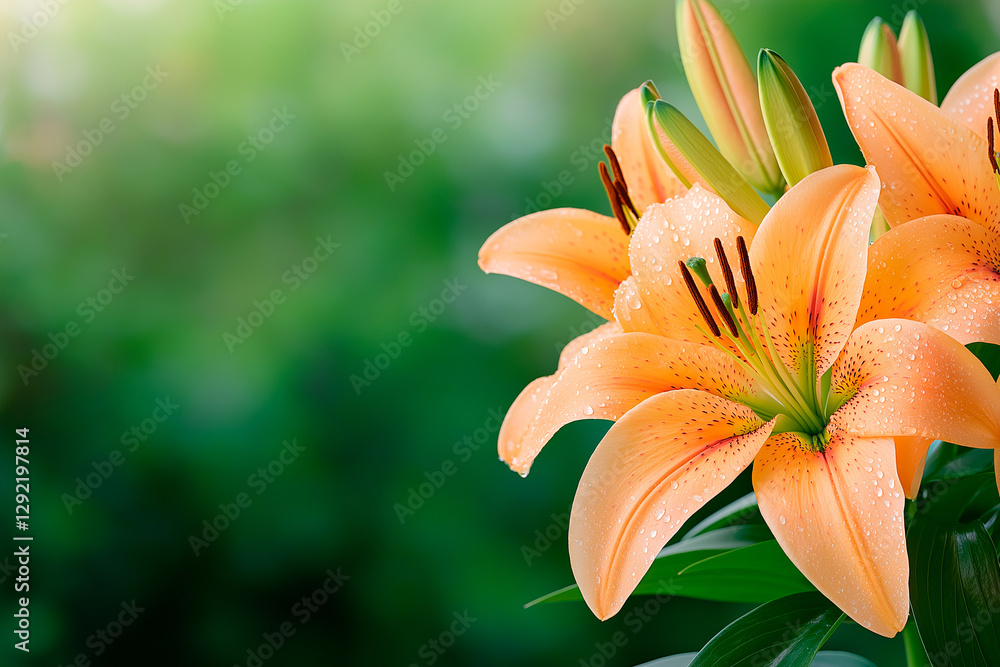 Obraz premium Close-up of a delicate lily with water droplets on its petals. The vivid orange tones and sharp details make this floral shot a breathtaking representation of nature.