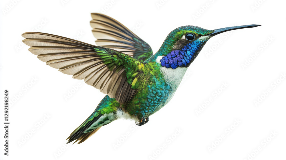 Fototapeta premium Green hummingbird in mid-flight with iridescent feathers and outstretched wings, isolated on a white background, ideal for nature conservation, birdwatching, and wildlife photography.