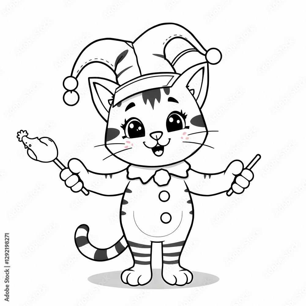 Fototapeta premium Cute Cartoon Cat Jester with Bell Tipped Hat Playful Pose Black and White Line Drawing