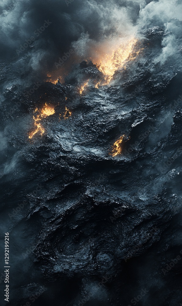 Fototapeta premium Flames erupt in dark ocean amidst turbulent waves, use for climate or nature theme
