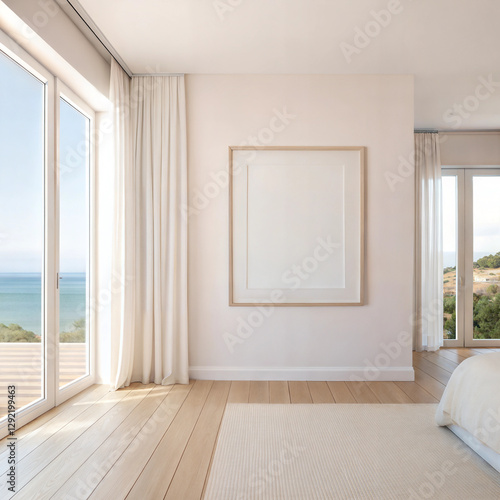 Minimalist coastal bedroom with blank frame mockup and ocean view