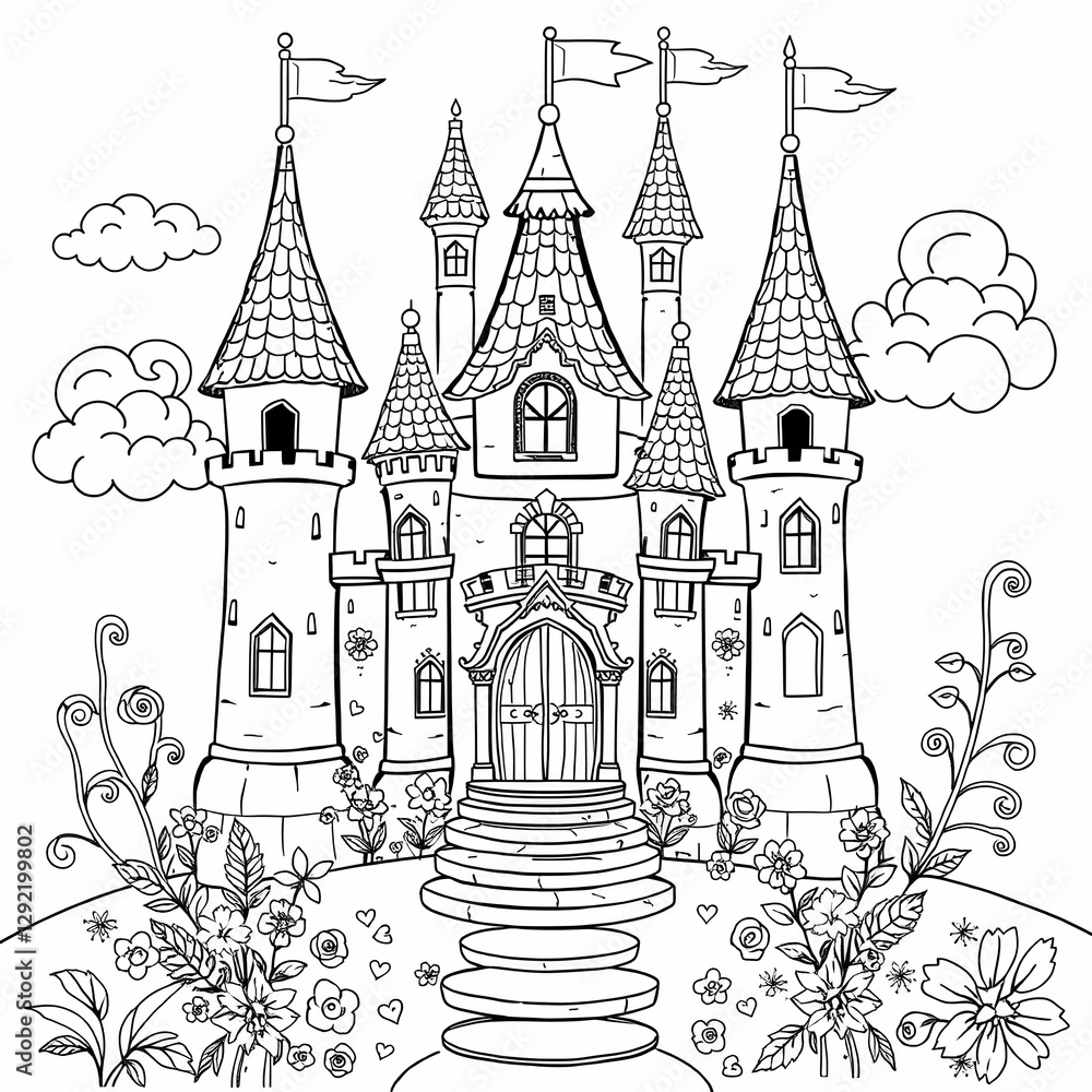 Obraz premium Fairy Tale Castle Whimsical Architecture Pennant Flags Intricate Floral Borders Black and White Fantasy Illustration