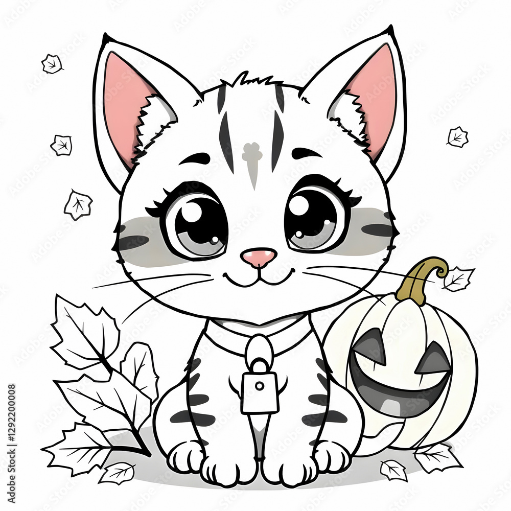 Obraz premium Cute Cartoon Kitten with Big Eyes and Striped Fur in Halloween Theme with Jack O Lantern and Autumn Leaves in Kawaii Style