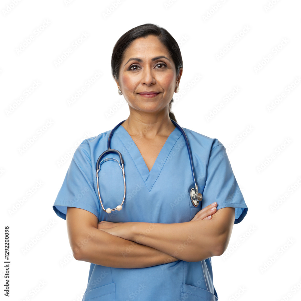 Empowered hispanic female nurse in scrubs hospital setting professional portrait healthcare, isolated on white or transparent background Empowered hispanic female nurse in scrubs hospital setting professional portrait healthcare, isolated on white or transparent background