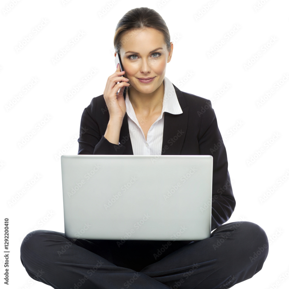 Professional woman multitasking with phone and laptop in modern office environment, isolated on white or transparent background Professional woman multitasking with phone and laptop in modern office environment, isolated on white or transparent background