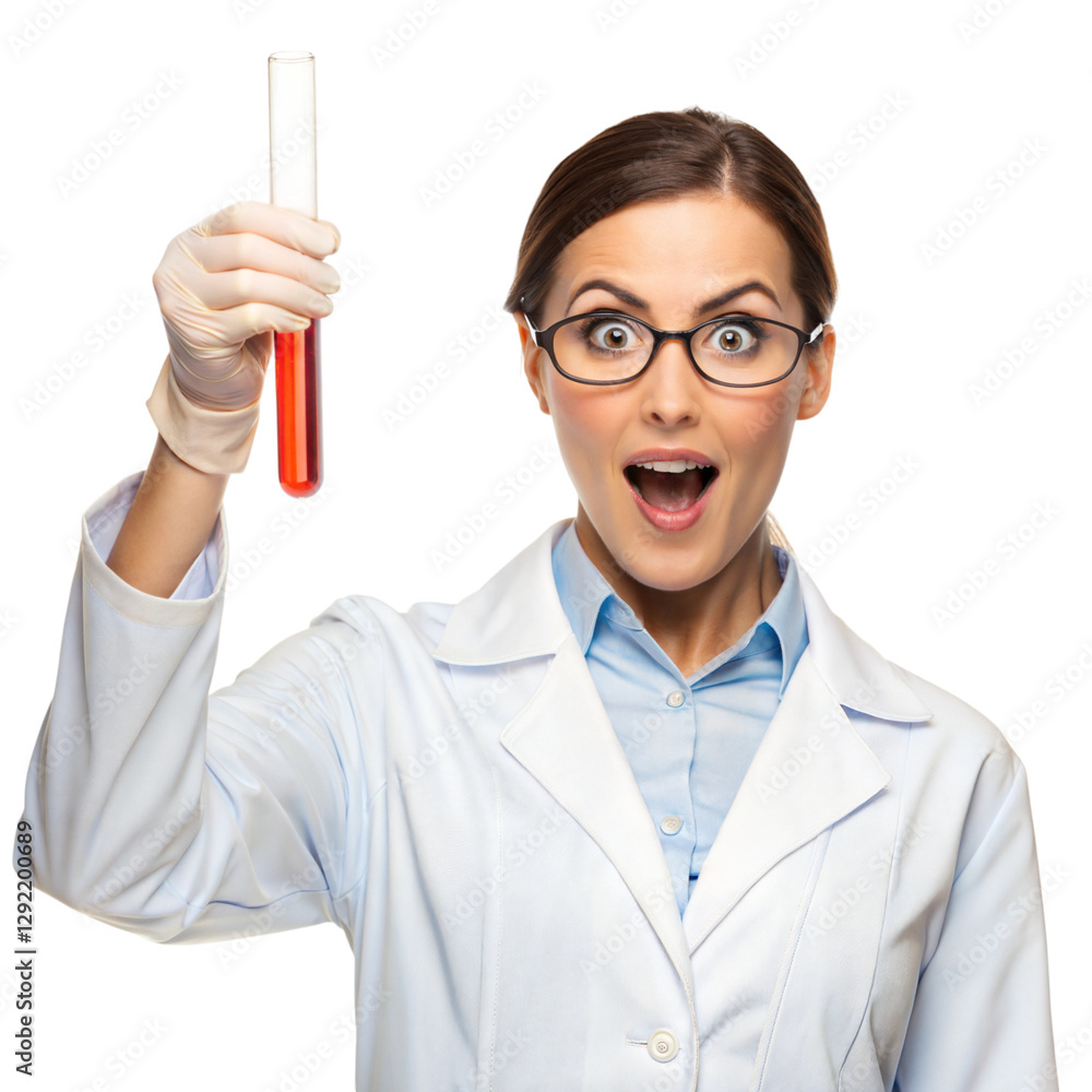 Female scientist holding test tube in laboratory environment analyzing chemical contents, isolated on white or transparent background Female scientist holding test tube in laboratory environment analyzing chemical contents, isolated on white or transparent background