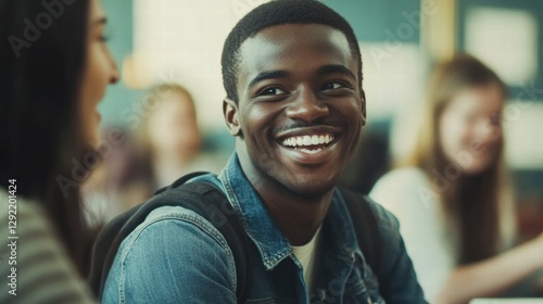 Diverse students laughing together during class in a.jpeg photo