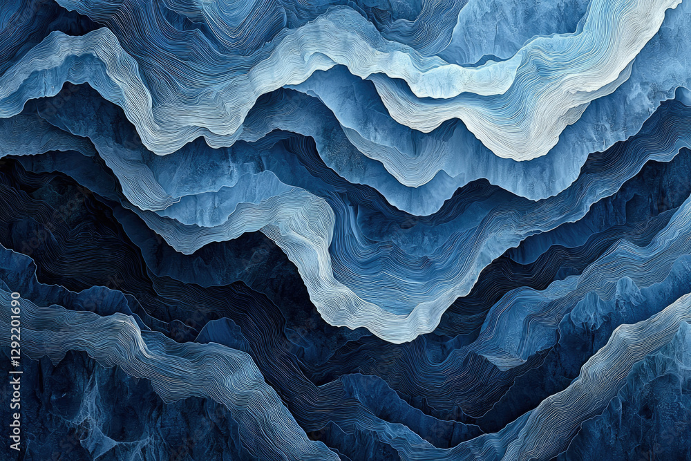 Obraz premium Abstract art depicting layered, flowing blue mountains, creating a serene and textured landscape.