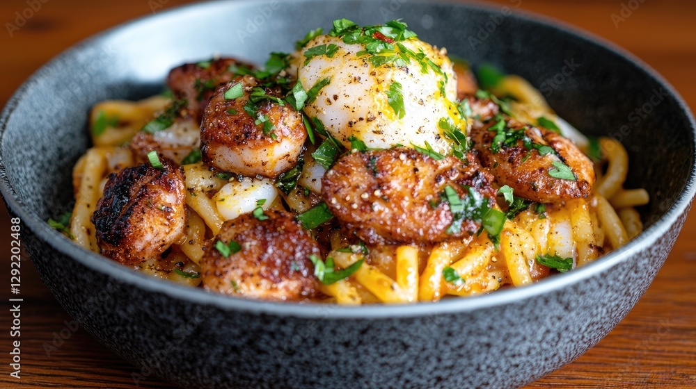 Spicy udon noodles with poached egg and sausage Spicy udon noodles with poached egg and sausage