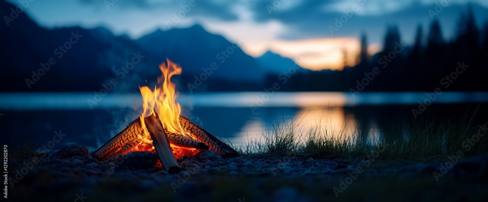 Campfire by lake at sunset, mountains background, relaxation Campfire by lake at sunset, mountains background, relaxation