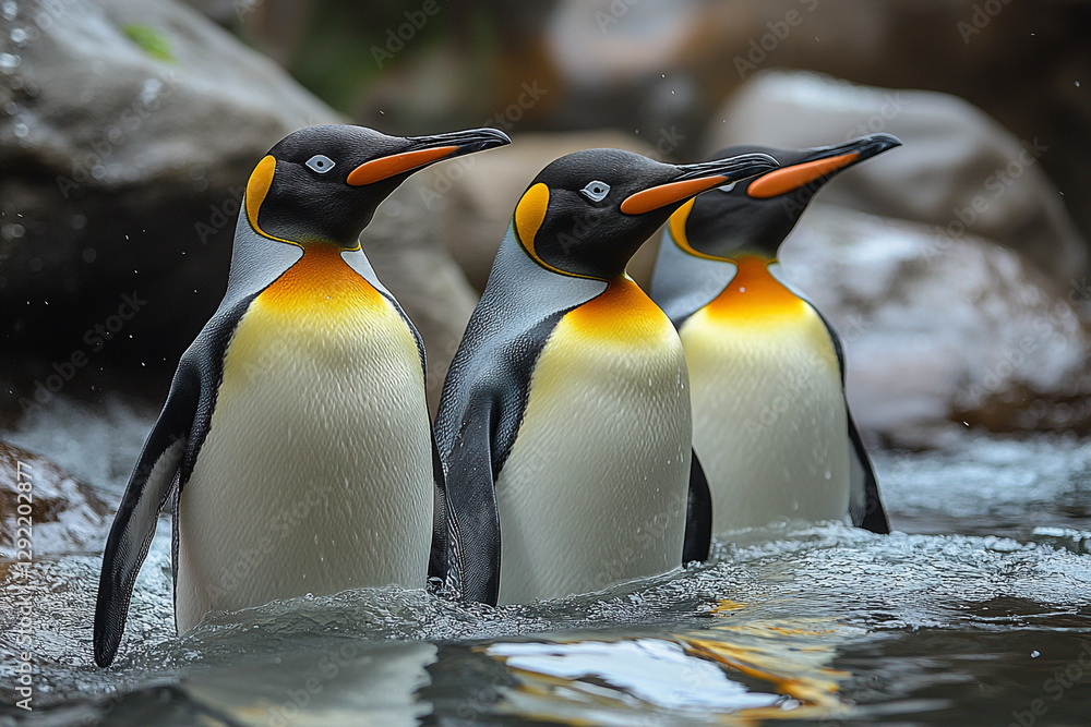 Fototapeta premium King Penguins waddling through water, close up wildlife photography