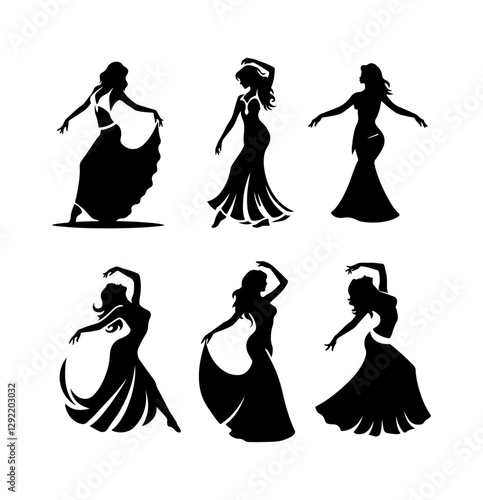 Set of minimalist silhouettes of women performing belly dance.